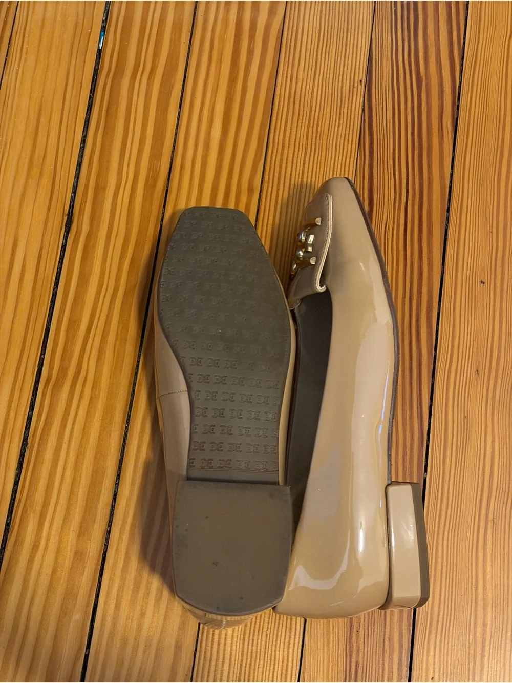 Sam Edelman Nude Patent Loafers with Gold Chain Detail
